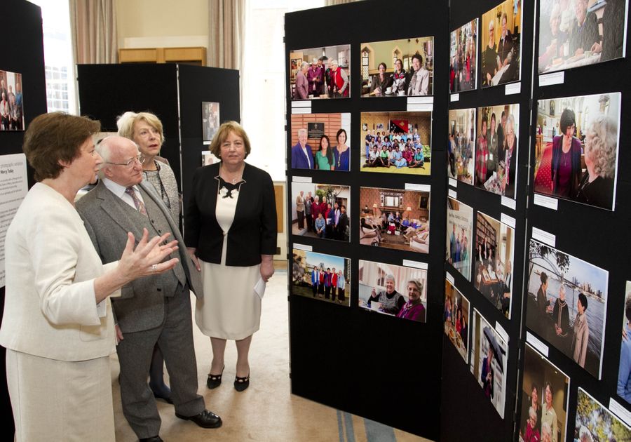 Adele Howard rsm & Mary reynolds rsm with President Higgins and  Sabina at this opening of the 20th Anniversary Photographic Exhibition                      